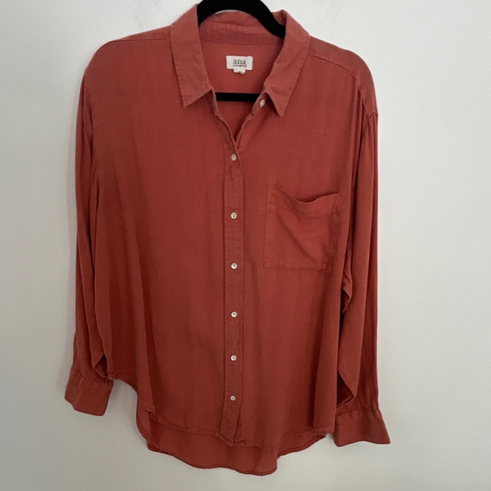 a.n.a Women's XS Rust Linen Rayon Woven Collared Long Sleeve Oversized Button-Up